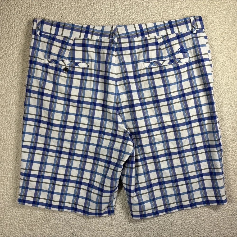 adidas Golf Shorts Men's 40 XL Blue White Plaid Performance Flat Front Bermuda
